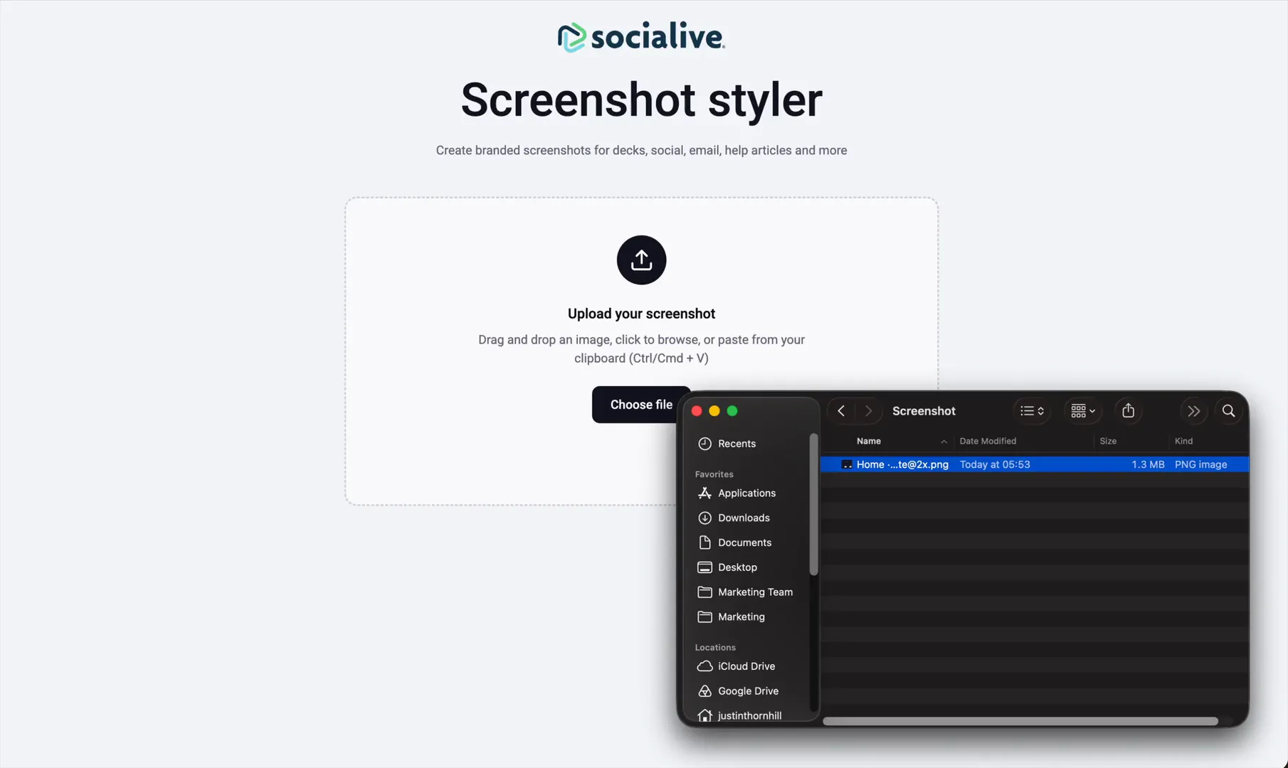 The Screenshot styler app: the Socialive logo over the title, a short line about branded screenshots for decks, social, email and help articles, and an upload box with a Choose file button, with a file picker open over it.