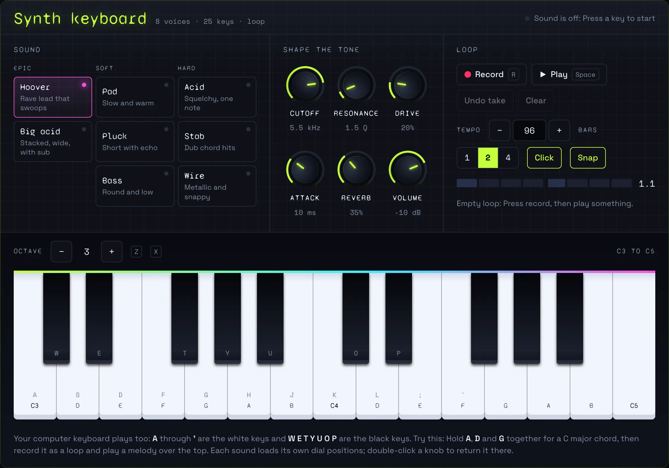 The synth: eight sound presets with Hoover selected, six tone dials, a loop recorder and a two-octave keyboard.