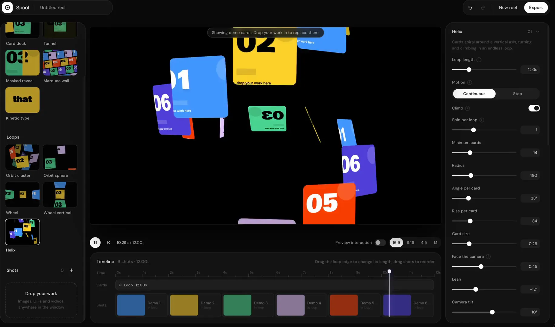 The Showreel app: a template list on the left, a stage in the centre playing the Helix loop with numbered demo cards spiralling in 3D, a timeline below, and the template’s controls on the right.