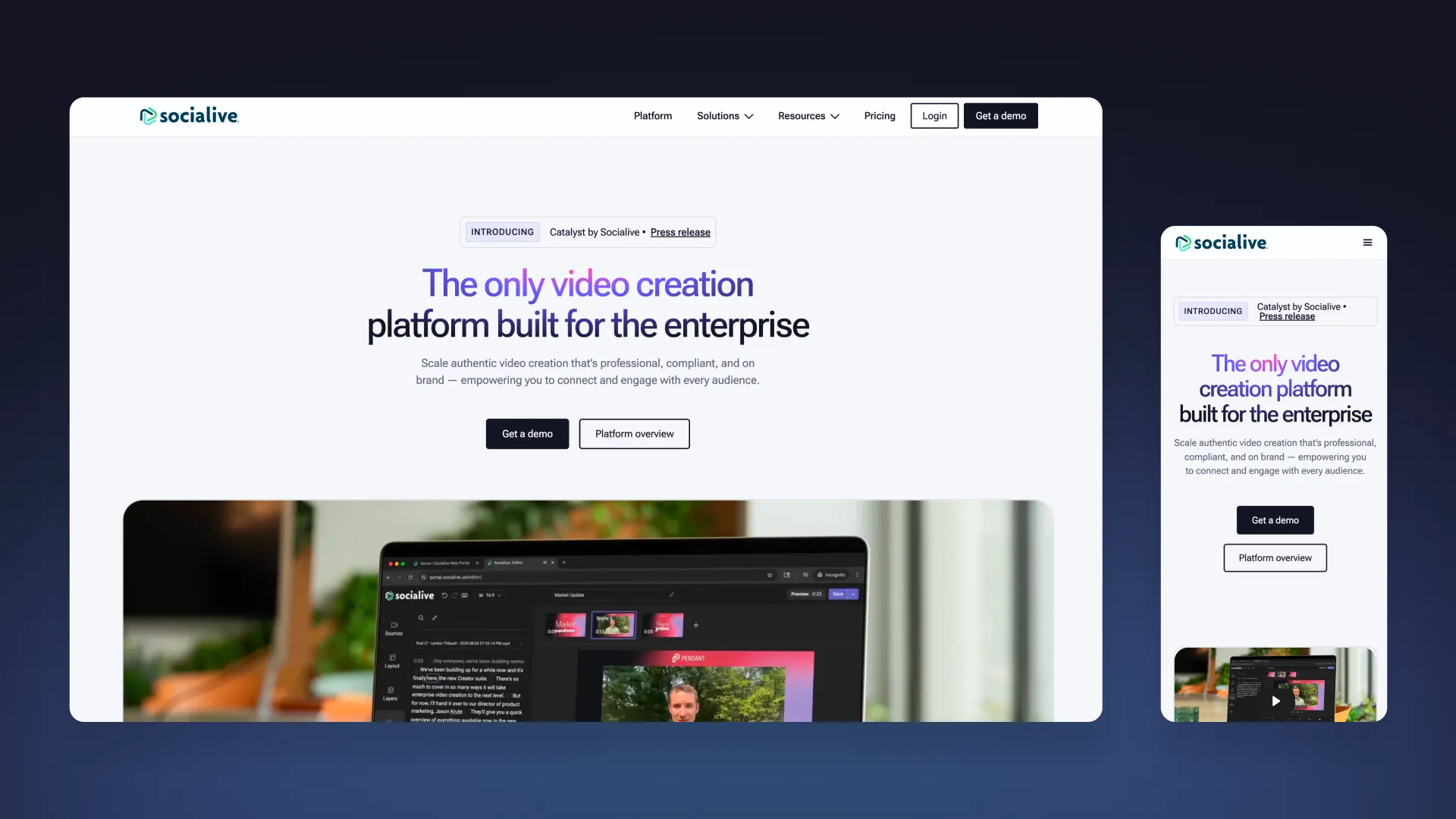 The new Socialive homepage: a nav with Platform, Solutions, Resources, Pricing and Get a demo, a banner introducing Catalyst by Socialive, the headline The only video creation platform built for the enterprise, two buttons, and a laptop running the Socialive editor below.